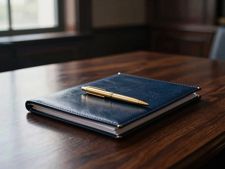 Sparsely populated high-end boardroom, dramatic side-lighting, soft window light reflecting off a polished dark wood table, leather folders and heavy gold pens, sober editorial photography, 35mm lens