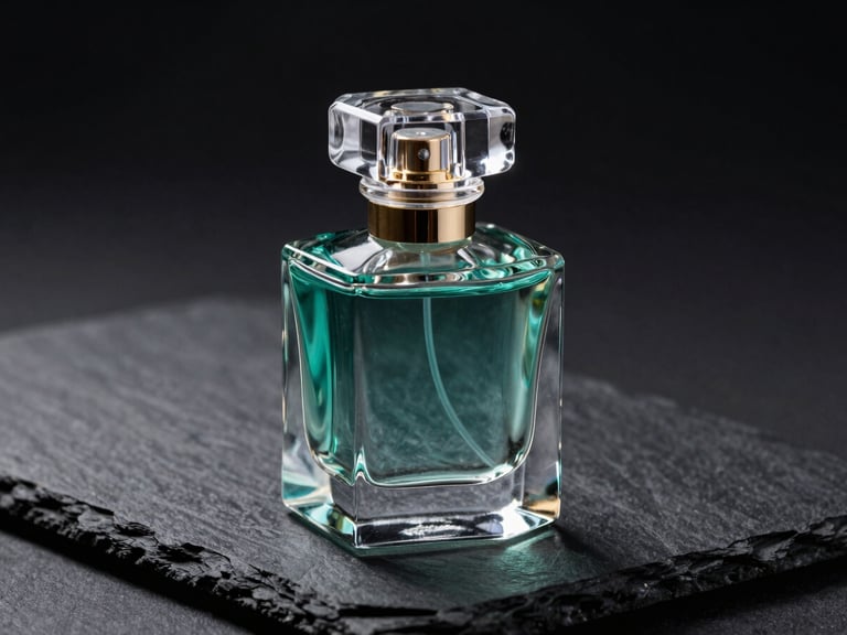 A luxury crystal perfume bottle with complex glass refractions, dramatic studio lighting, isolated on a dark slate surface, ultra-sharp detail