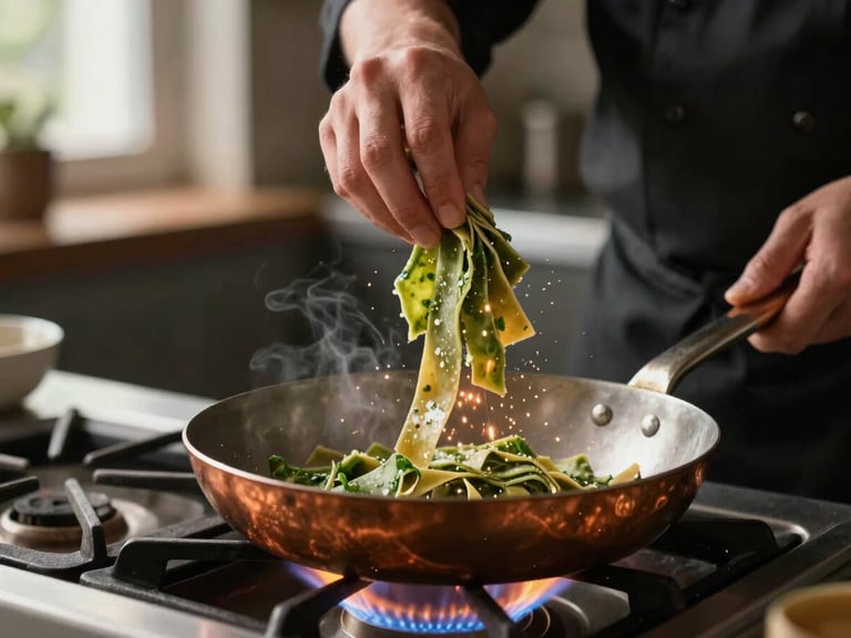 Close-up of a chef's hands tossing fresh pasta in a copper pan over a roaring gas flame, sparks flying, dark moody kitchen background, shallow depth of field