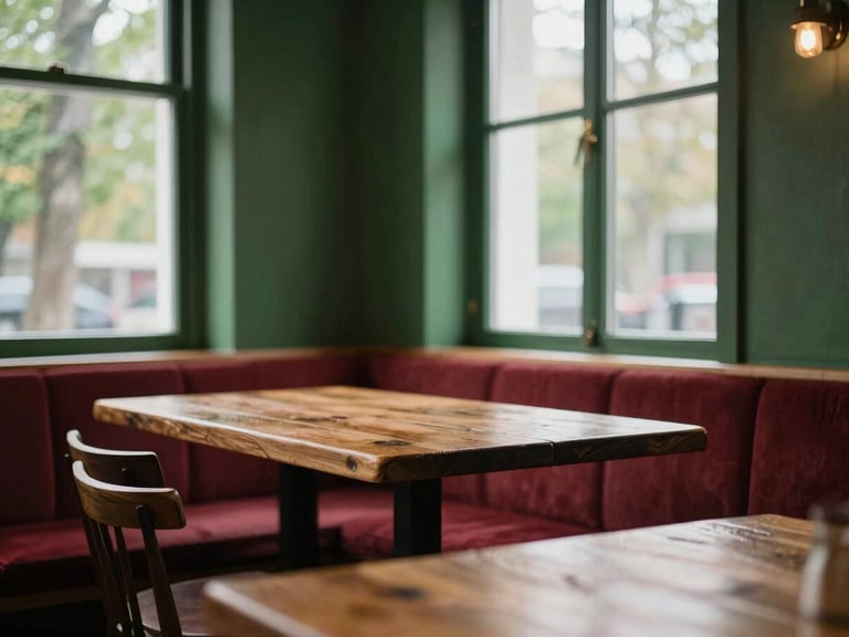 Cozy Scandinavian-style restaurant interior with empty rustic wooden tables, warm morning window light, deep forest green and crimson tones.
