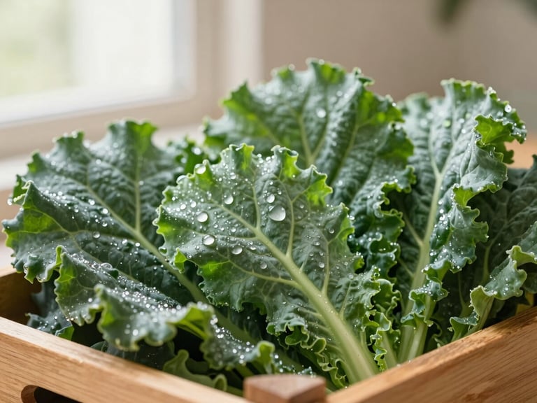 Macro shot of freshly harvested dark green kale leaves covered in morning dew drops, held in a wooden crate under soft, diffused early morning sunlight