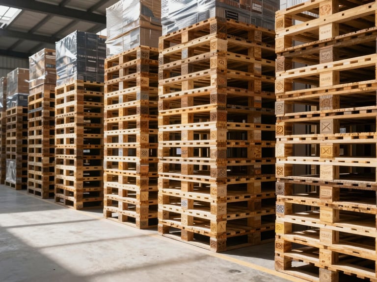 Interior of a large, high-tech warehouse, automated systems, neatly stacked pallets, bright natural light, warm cast, deep navy and warm gold tones, sharp focus, architectural framing, 35mm.
