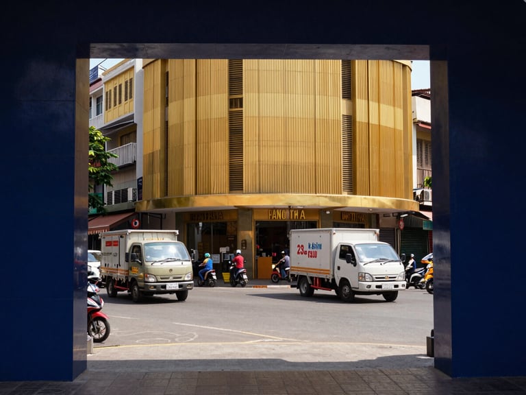 Busy urban street in a Vietnamese city, delivery trucks, local businesses, dynamic, natural light, warm cast, deep navy and warm gold tones, sharp focus, architectural framing, 35mm.