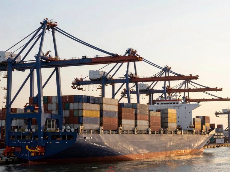 Modern port terminal at sunrise, cargo ships, containers, wide shot, natural light, warm cast, deep navy and warm gold tones, sharp focus, architectural framing, 35mm.