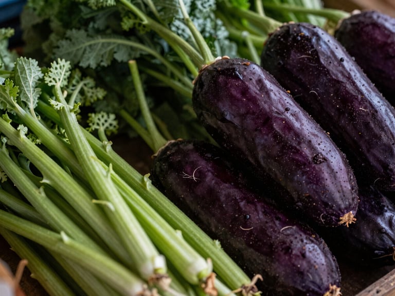 Close-up of fresh, vibrant vegetables in a farmer's market stall, natural morning light, rich deep tones, tactile food textures, shallow depth of field