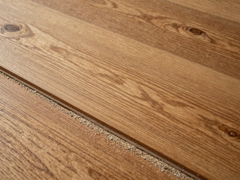 Overhead close-up of a hardwood floor mid-sanding, bare wood grain exposed in the center with old finish visible at the edge, fine dust settled along the grain, raking side light showing wood character, no people