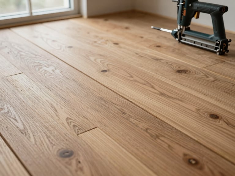 Overhead close-up of unfinished engineered hardwood planks being laid on a subfloor, nail gun at the edge of frame, natural light from a window to the left, wood grain detail clearly visible, no people