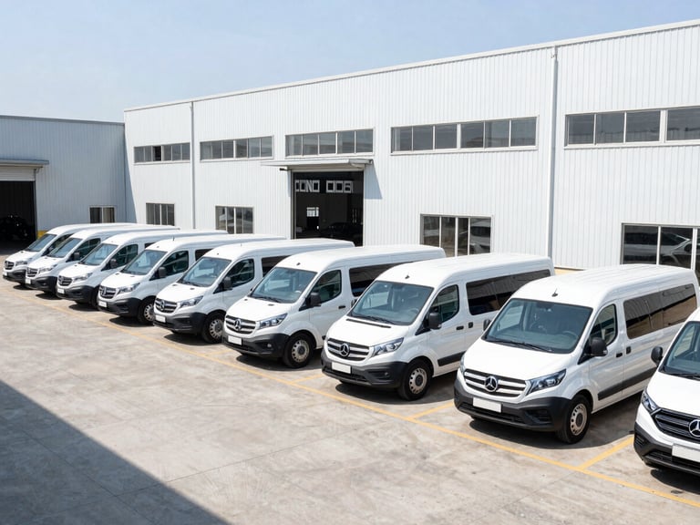 Wide shot of a newly branded corporate vehicle fleet parked in a clean modern industrial lot, bright daylight, sharp high-contrast photography