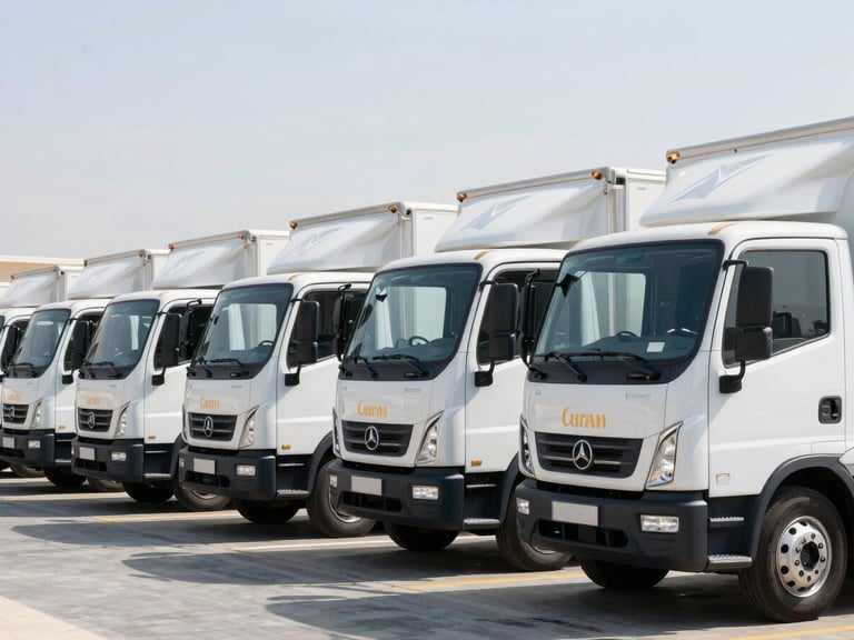 Branded modern moving trucks lined up in Dubai Investment Park under bright midday sun, clean corporate logistics scene, sharp focus.