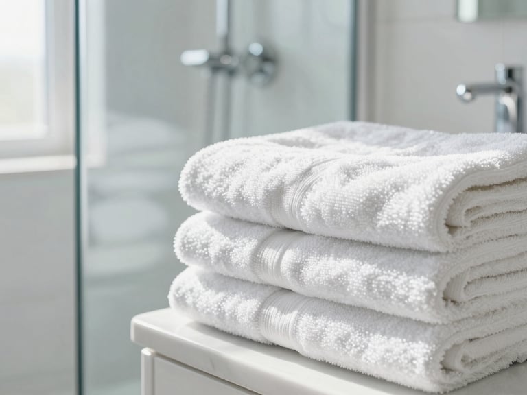 Immaculate, sun-drenched bathroom, polished chrome fixtures, spotless glass shower, neatly folded white towels, macro shot