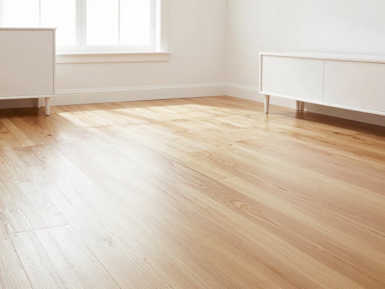 Dust-free hardwood floors in a bright, airy living room, crisp white furniture, filtered natural light, wide-angle