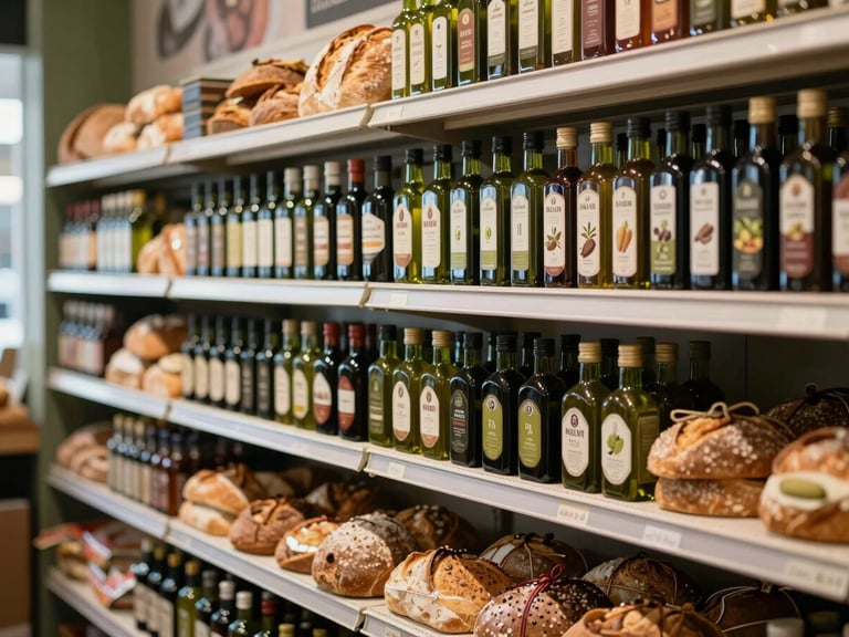 Candid shot of a modern food market interior, shelves stocked with artisanal olive oil and fresh bread, soft natural lighting