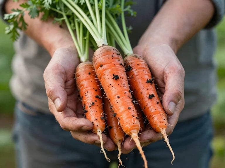 Close-up of farmer's hands holding freshly harvested heirloom carrots covered in rich soil, soft morning light, shallow depth of field