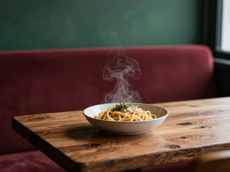 Cozy scandinavian-style restaurant interior, soft natural side-light on a rustic wooden table with a steaming bowl of handmade pasta, moody shadows