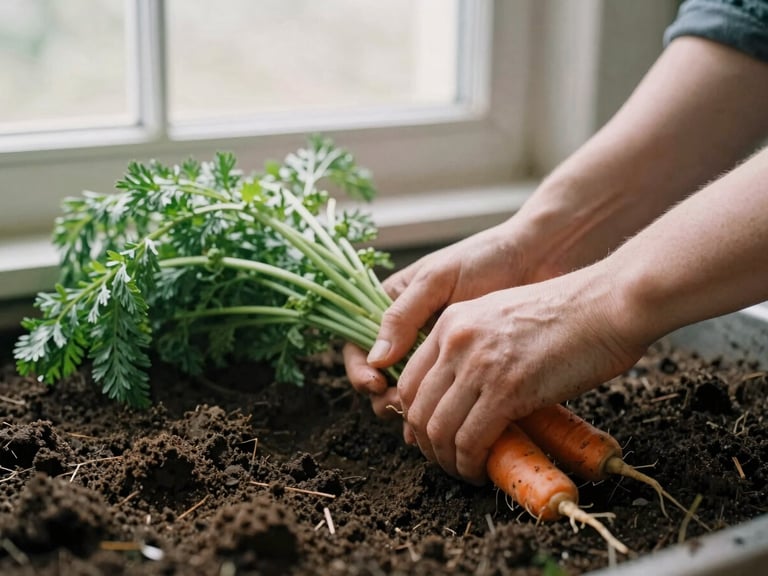 Hands pulling fresh organic carrots from dark soil, soft natural morning window light, cozy editorial photography, 35mm