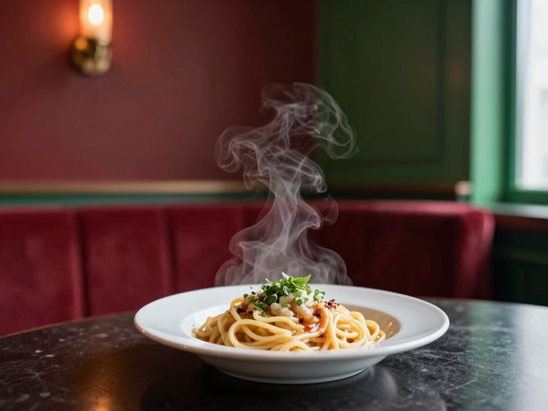 Cozy Scandinavian-style restaurant interior, steam rising from a plate of handmade pasta on a dark table, warm candlelight, 35mm