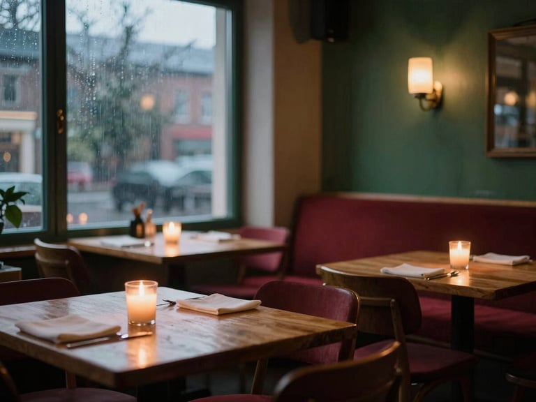 Cozy Scandinavian-style restaurant dining room at dusk, warm candle glow on wooden tables, wet window showing rainy evening outside, soft focus, 35mm.