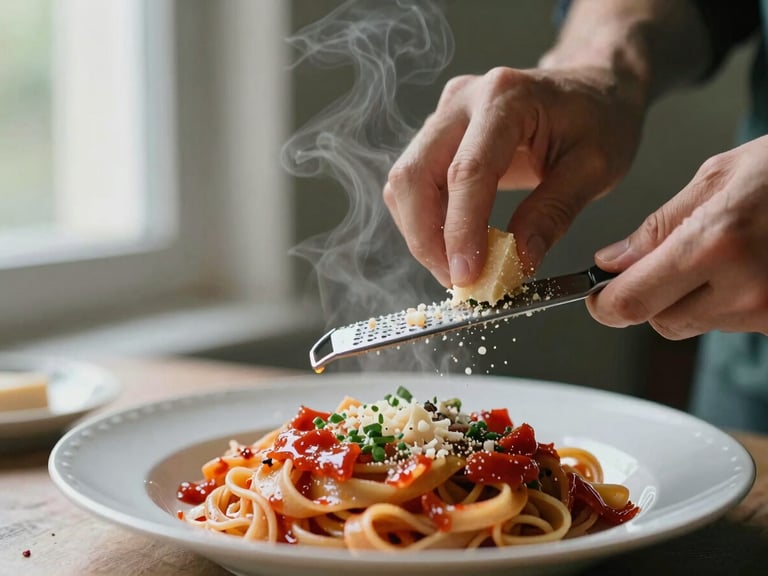 Close-up of hands finishing a plate of fresh pasta, grating aged cheese with microplane, steam rising, soft moody window lighting, shallow depth of field, 35mm.