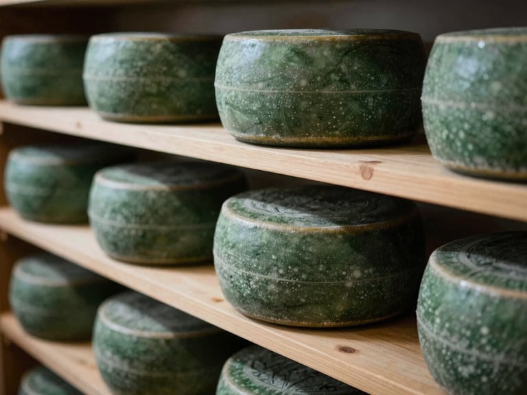 Close-up of artisanal cheese wheels on wooden shelves, shallow depth of field, forest green tones, 35mm