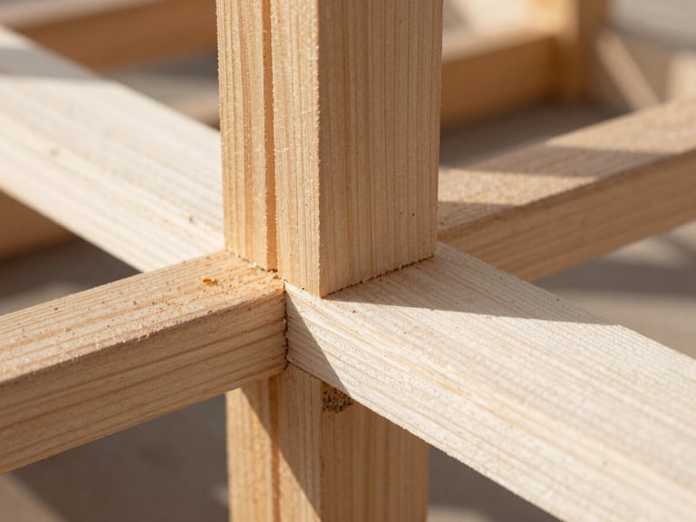 Macro close-up of a perfectly flush timber joint, heavy timber framing, raw wood grain texture, sharp focus, harsh natural daylight.