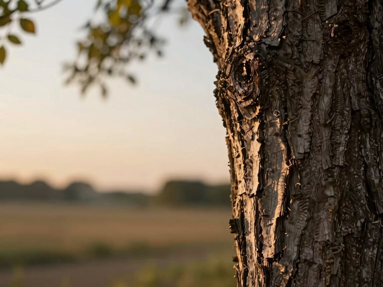 Intimate close-up of textured tree bark with soft golden sunlight filtering through leaves, serene natural setting, shallow depth of field