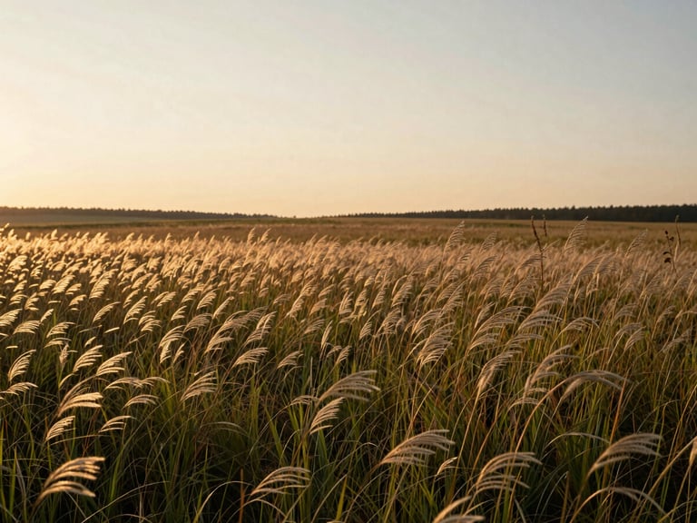 Wide scenic view of a quiet meadow with tall wild grass swaying in the warm breeze, soft sunset light illuminating the landscape