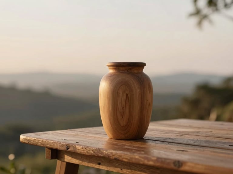 A simple, elegant wooden urn sitting on a rustic wooden table, soft natural side light, peaceful minimalist background