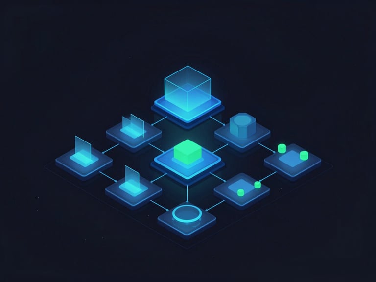 Clean isometric software architecture diagram with neon blue highlights, dark background, 21:9 aspect.