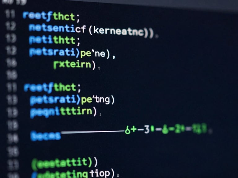 Tight macro shot of a screen displaying syntax-highlighted code snippets with monospaced font, dark background, 21:9 aspect.