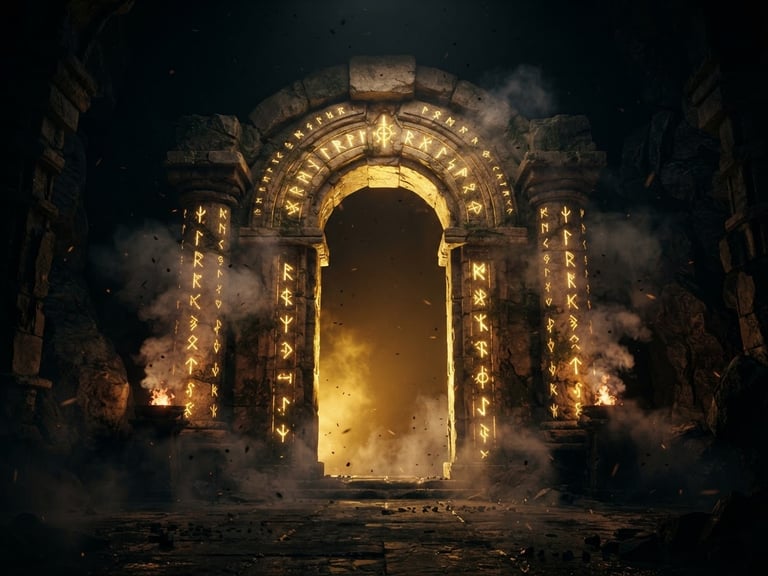 Cinematic 3d render of an ancient stone gateway carved with glowing gold runes, shrouded in smoke and dark particles, dramatic gold backlighting, 35mm anamorphic lens, high-contrast chiaroscuro
