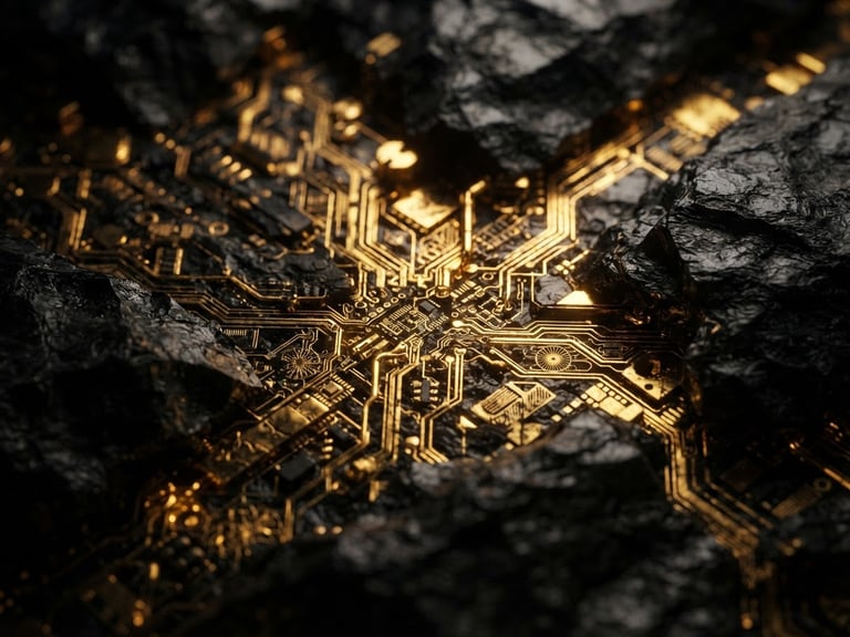 Extreme macro shot of glowing metallic gold circuitry embedded in dark obsidian, high-contrast chiaroscuro, dramatic gold backlighting, cinematic 3d render