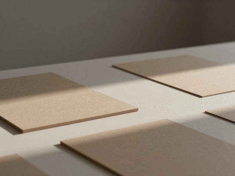 Minimalist design studio workspace, soft daylight casting subtle shadows on warm sand textured paper samples, architectural lines, 50mm lens