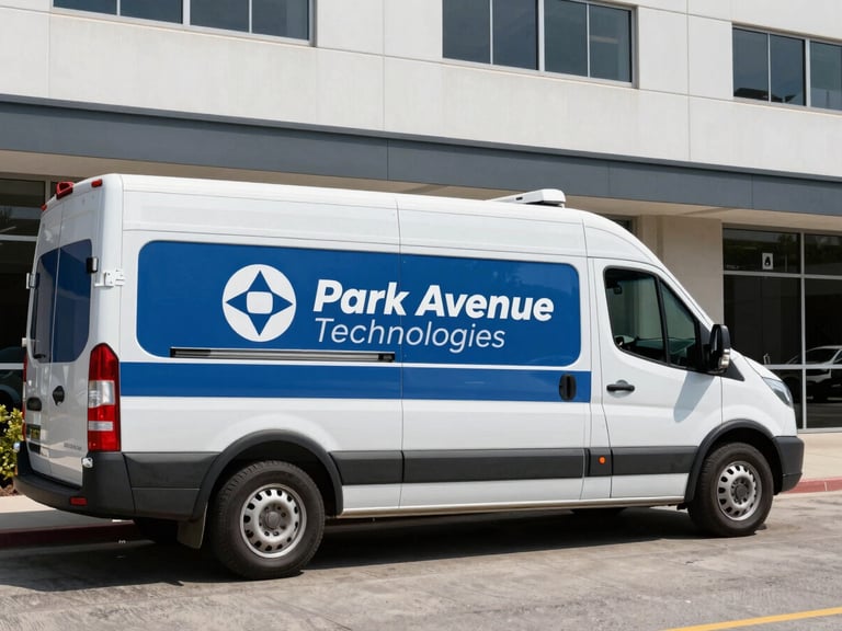 Exterior shot of a branded Park Avenue Technologies service vehicle parked outside a modern commercial building, bright daylight, crisp focus, industrial blues and grays, 35mm