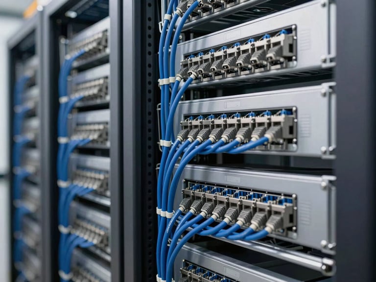 Organized server rack with cleanly routed Cat6A cables, bright commercial lighting, sharp focus, industrial blues and grays, 35mm