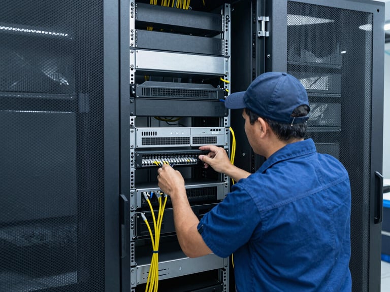 Field technician in branded gear meticulously organizing cables in a server rack, clean commercial lighting, straight-on framing, industrial blues and grays, 35mm