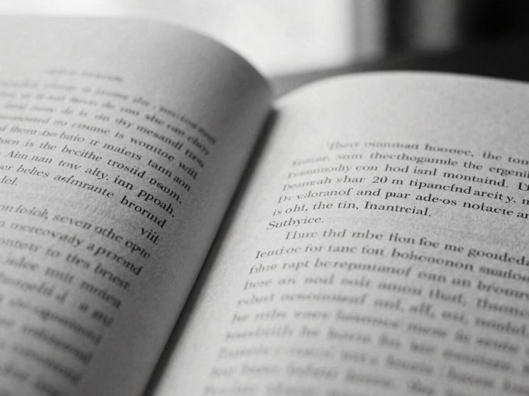 A close-up macro photograph of open book pages, elegant serif typography on textured paper, high-contrast shadow across the center fold, desaturated black and white tones