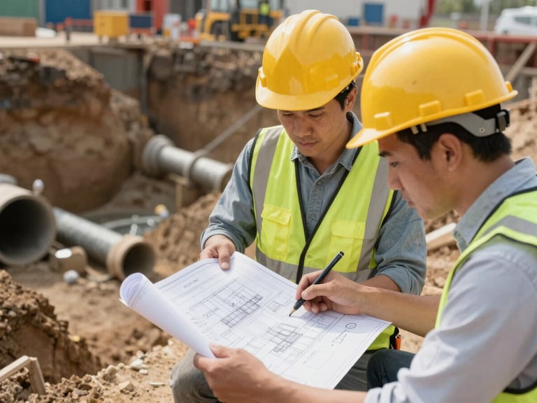 Ingénieurs en casques de chantier examinant des plans techniques à côté d'une tranchée d'installation de canalisations d'eau.