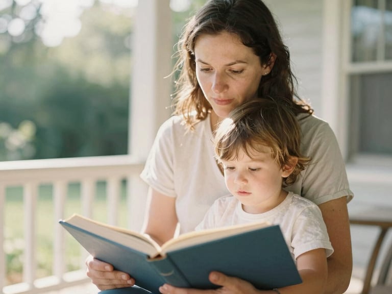 Candid, medium shot of a mother and child reading a book together on a porch in soft morning daylight, warm tones, unposed interaction, shallow depth of field.