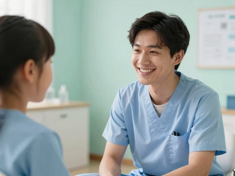 Terapeuta e paciente (criança ou adulto) sorrindo durante uma sessão de terapia da fala, com contato visual gentil, ambiente acolhedor e iluminado, sem equipamentos médicos intimidadores.