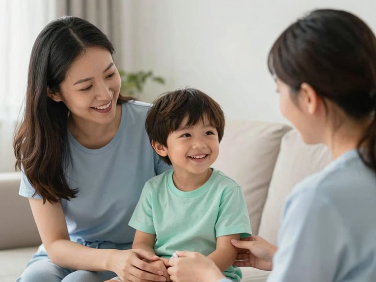 Família (pais e filho) interagindo em um ambiente doméstico tranquilo, com o terapeuta observando e orientando com um sorriso, luz natural suave, foco na interação e no apoio familiar.