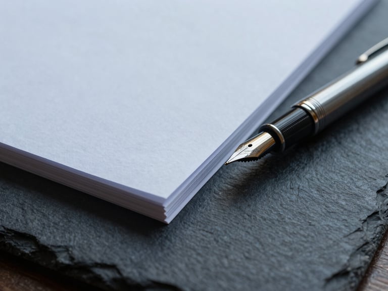 Tight macro shot of heavy textured paper and a fountain pen on a dark slate desk, cool overcast light, architectural depth.