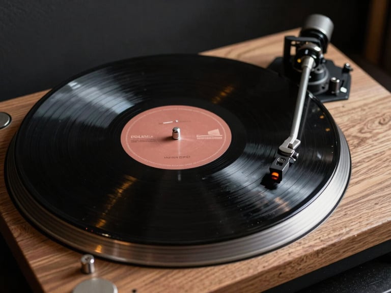 A heavy 180g black vinyl record spinning on a raw oak turntable, warm side lighting catching the grooves, dark moody background