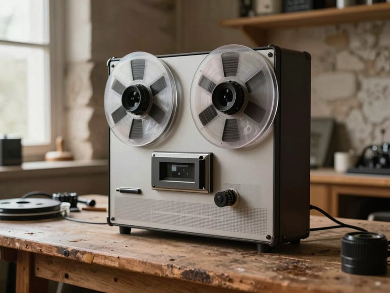 A heavy vintage reel-to-reel tape recorder sitting on a dusty wooden workbench in a stone-walled workshop, soft window light