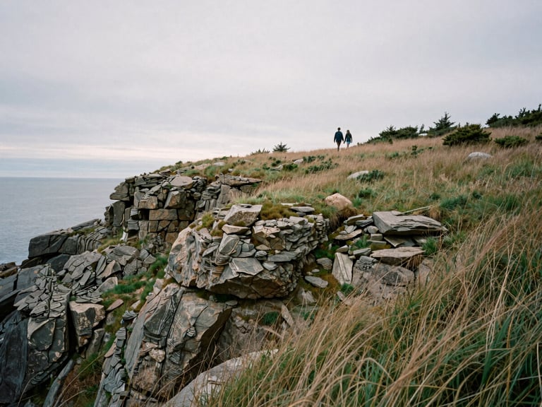 Wide-angle panoramic shot of a rugged, grassy coastal cliff in Maine under overcast, soft natural light. A couple walks hand-in-hand in the distance, their figures small against the vast landscape. Medium-format film texture with visible grain.