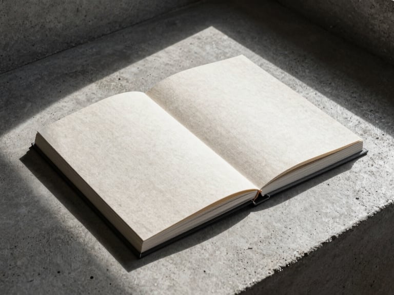 A minimalist flat lay of a custom-bound raw linen photo book resting on a textured concrete surface, hard architectural shadows cutting across the frame, high-contrast natural light.