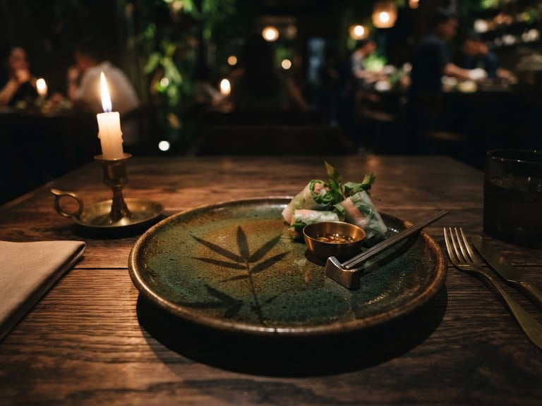 Moody close-up of a candlelit wooden table at Tre Xanh restaurant, soft shadows, warm brass accents, a delicate bamboo leaf shadow cast on a textured ceramic plate, shallow depth of field, 50mm