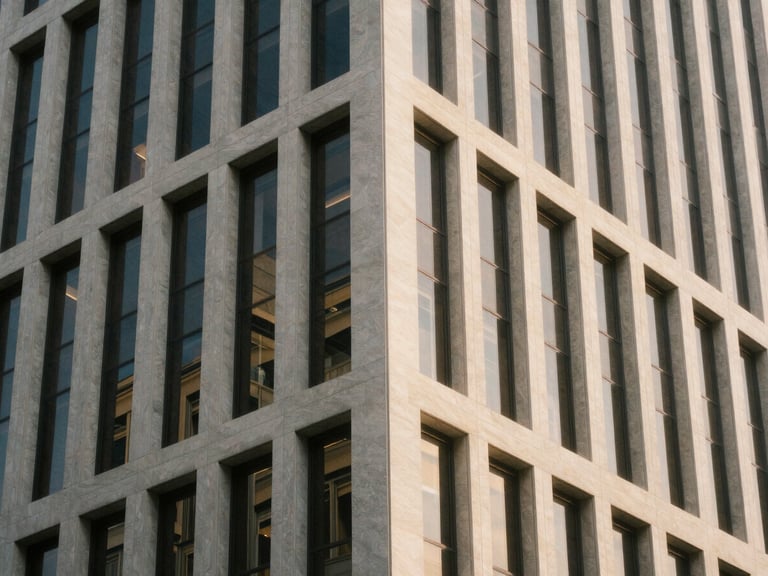Architectural detail of a modern, secure financial building in Singapore, clean lines, soft light, muted tones, medium-format film