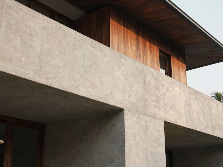 Close-up of a secure, polished concrete and teak facade of a luxury Sri Lankan villa, soft daylight, clean geometric lines, muted tones, medium-format film