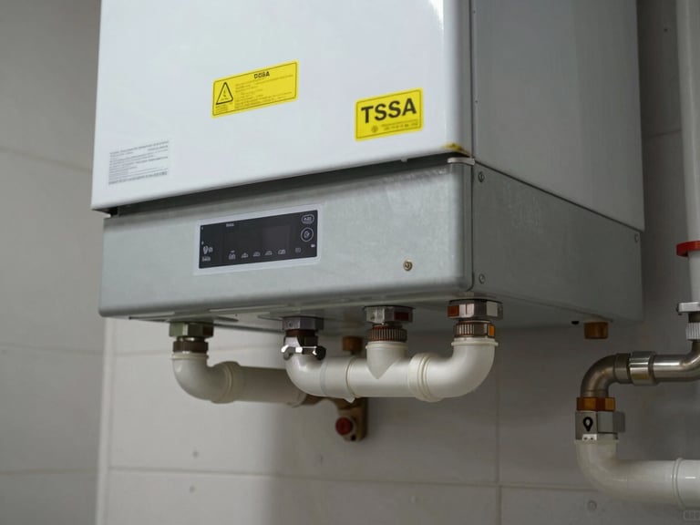 Close-up of a newly installed high-efficiency gas furnace in a clean basement, showing neat sheet metal transitions, a clearly visible yellow TSSA tag, and precision-run PVC venting lines.