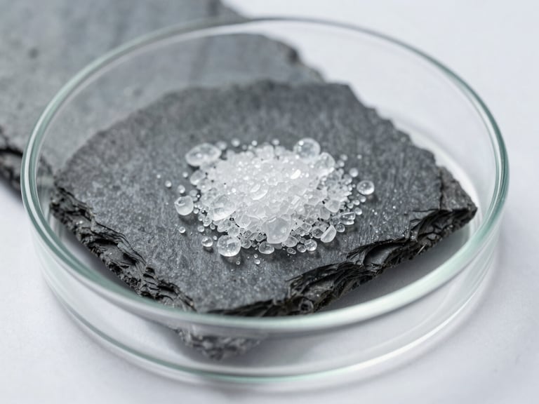 Macro photography of a clean glass petri dish under cool daylight, sharp focus on crystalline structures, slate and white tones.